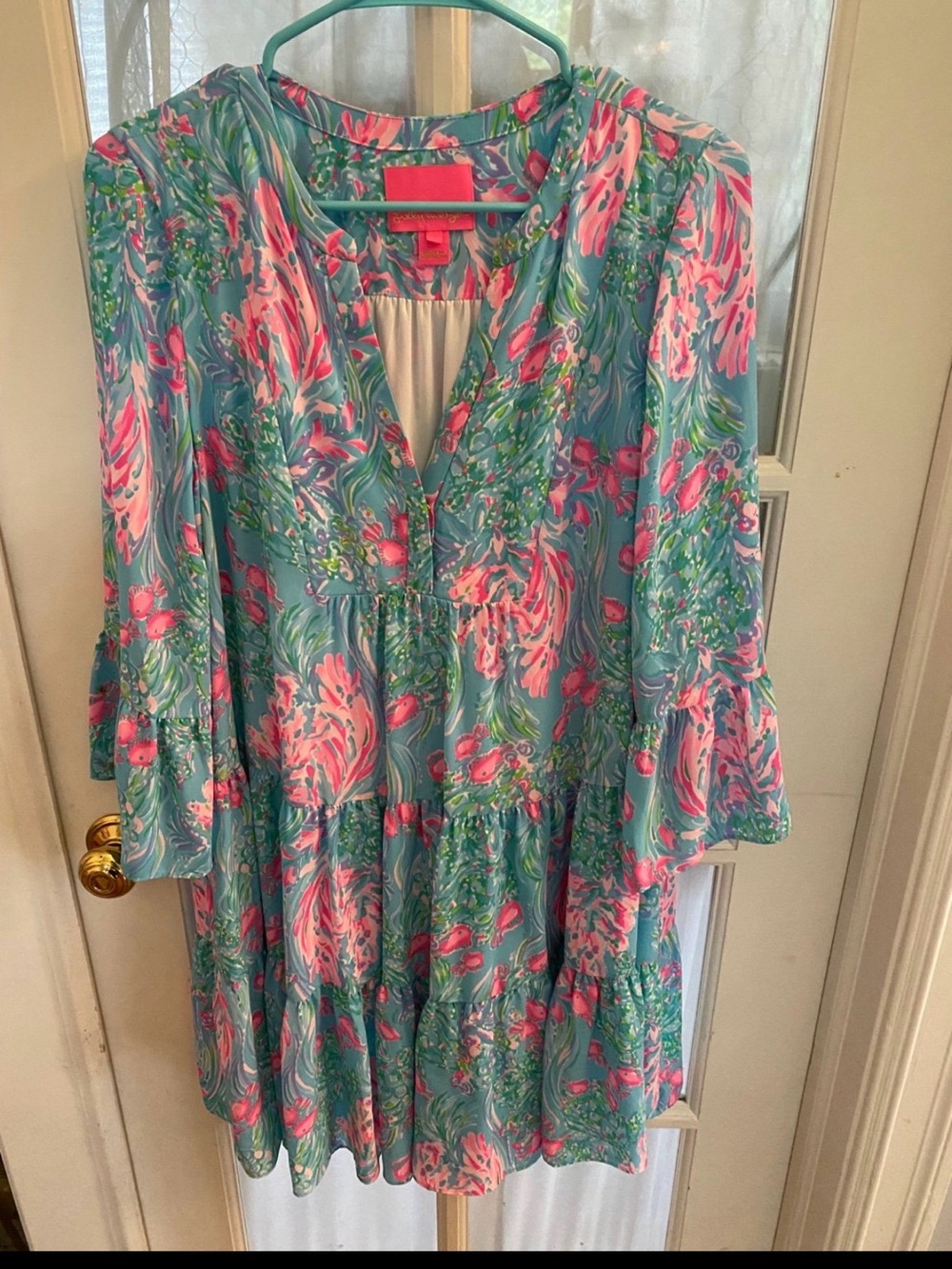 Floral Tiered V-Neck Dress in Turquoise & Pink Gabriel dress 8